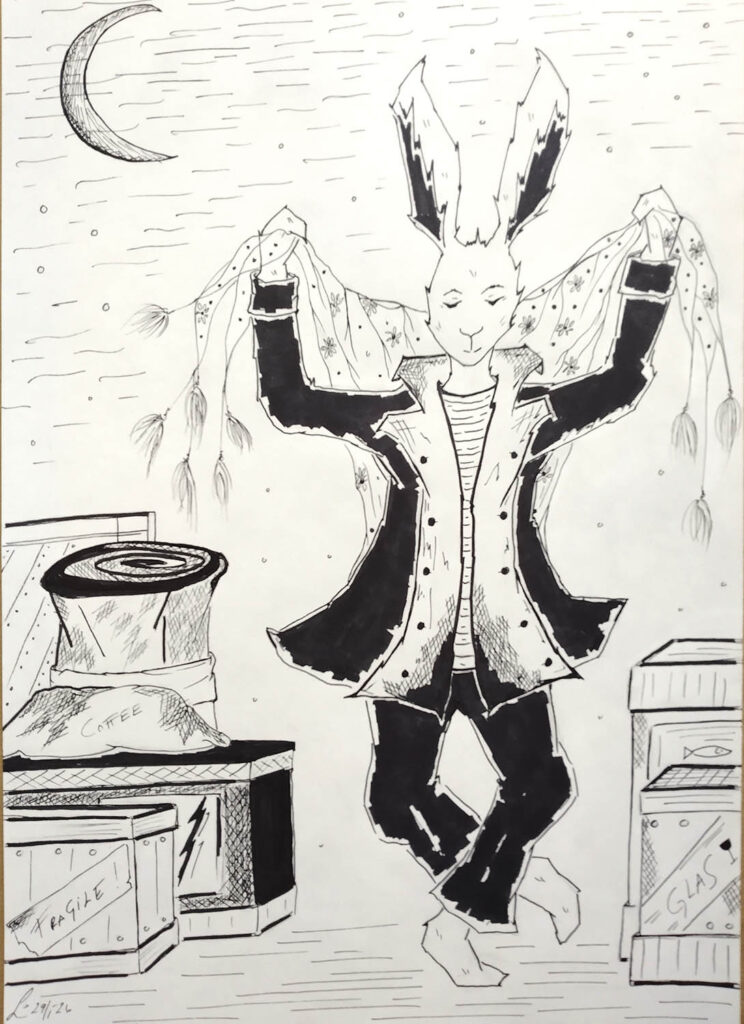 Kuun sirpin tanssi 29.1.2026, 42x29,7 cm, tussi Lana 96g paperille