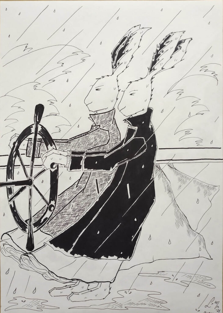 Myrskyssä, 25.10.2025, 42x29,7 cm, tussi Lana 96g paperille