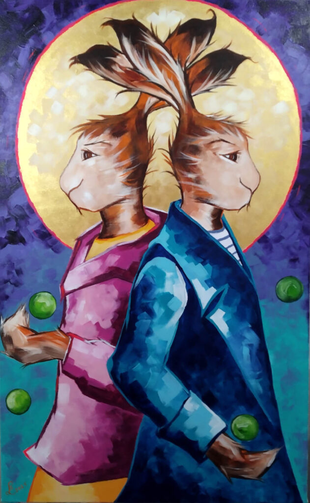 Perinnön jako II, akryyli kankaalle, 80x50cm. Sylvilagus 2025. 30.12.